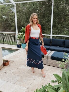 Vintage Prestige of Boston navy blue red white gingham column skirt 4 6